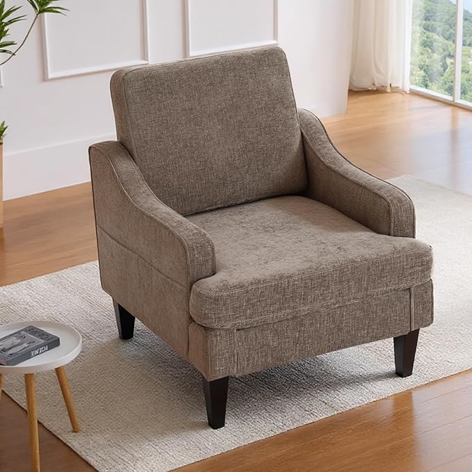 Accent Chair for Living Room,Mid-Century Arm Chair Chenille Living Room Chairs,Upholstered Reading Chair for Bedroom,Single Sofa Chair with Wood Legs for Apartment,Brown,2 Pack
