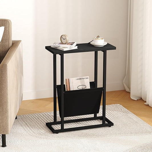 Yusong Narrow Side Table for Small Spaces, Small End Table Set of 2 with Magazine Holder, Skinny Slim Little Thin Table for Living Room, Bedroom, Sofa, Black Oak