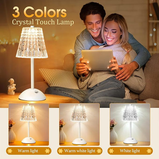 Cordless Touch Table Lamp, LED Rechargeable Small Dask Lamp, 3 Colors Dimmable Battery Operated Crysta Lamp for Bedroom Restaurant Kitchen Home Decor, White