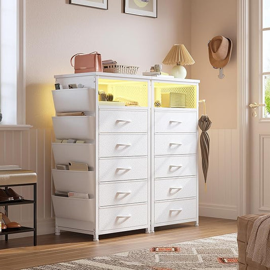 EnHomee Tall Night Stand Set 2 with 5 Drawers, LED Nightstand with Ports & Outlets, White Dresser with Extra Side Bag & Storage Shelf & Hooks, Bedroom, Dorm, Closet