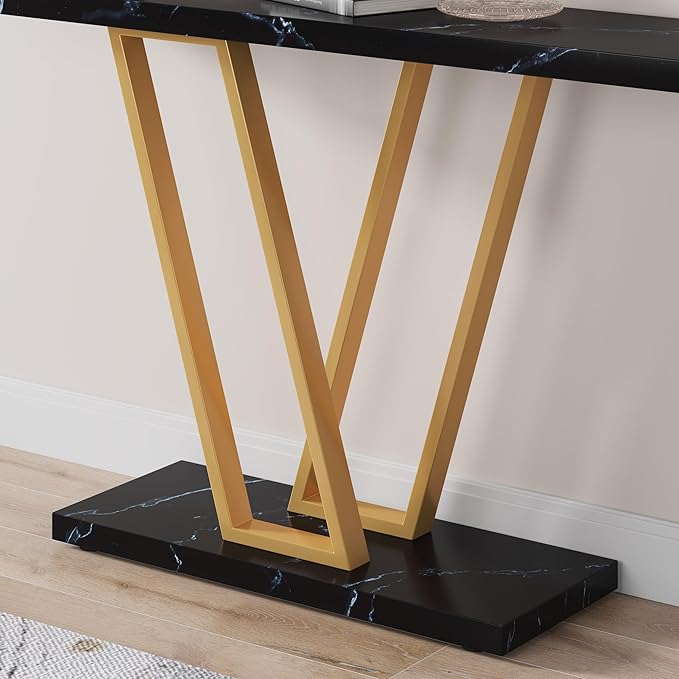 VANOMi Black Faux Marble Entryway Table, Modern Sofa & Console Table Narrow Side Table for Living Room, Entryway, Black