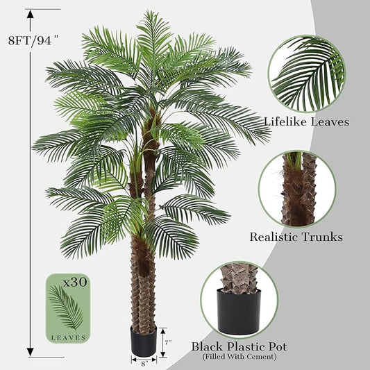8FT Artificial Palm Tree - Tall Fake Palm Tree with 30 Lifelike Leaves & Realistic Trunk, 96" Large Faux Tropical Phoenix Palm Plant for Home Living Room Poolside Office Hotel Mall Decor