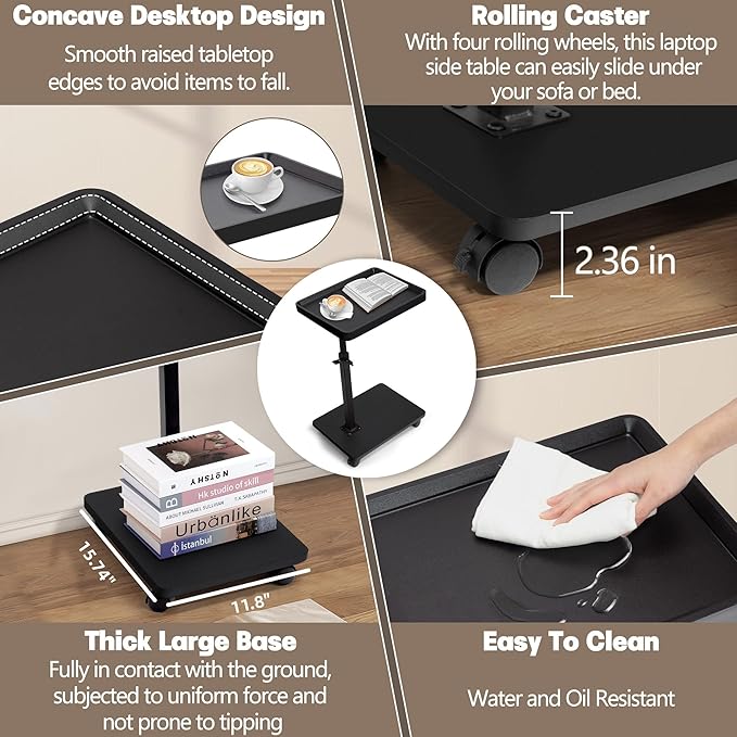 Aoligrace C Shaped End Table Adjustable Height, 360° Swivel Side Table with Wheels, Small TV Tray C Table for Living Room Bedroom, Couch Tables That Slide Under for Sofa Bed Chair