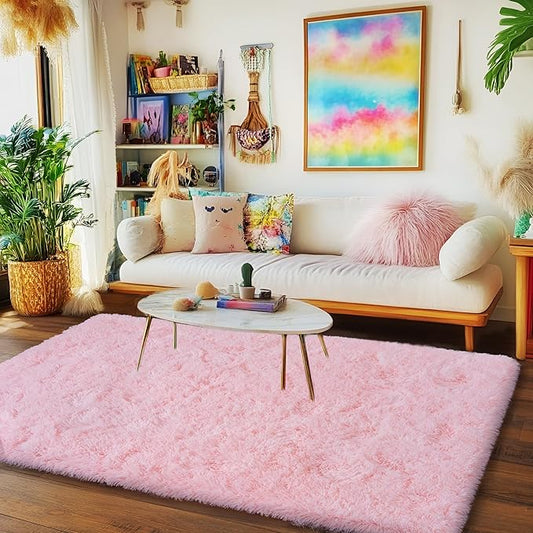 Pink Rug for Living Room, 9x12 Area Rug for Cute Girls Room, Bedside Indoor Floor Fluffy Shag Carpet, Plush Soft Rug for Bedroom Nursery Dorm Home Decor