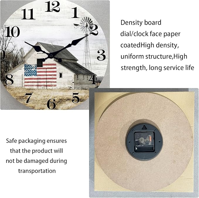 XFM Farmhouse Wall Clock 10 Inch Silent Non-Ticking Battery Operated Clock Rustic Barn Wooden Decorative Clocks for Kitchen Bedroom Office