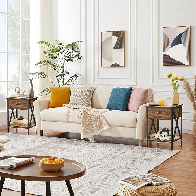 VECELO Nightstands Set of 2, Modern Bedside End Tables, Night Stands with Drawer and Storage Shelf for Living Room Bedroom, Industrial Metal Frame