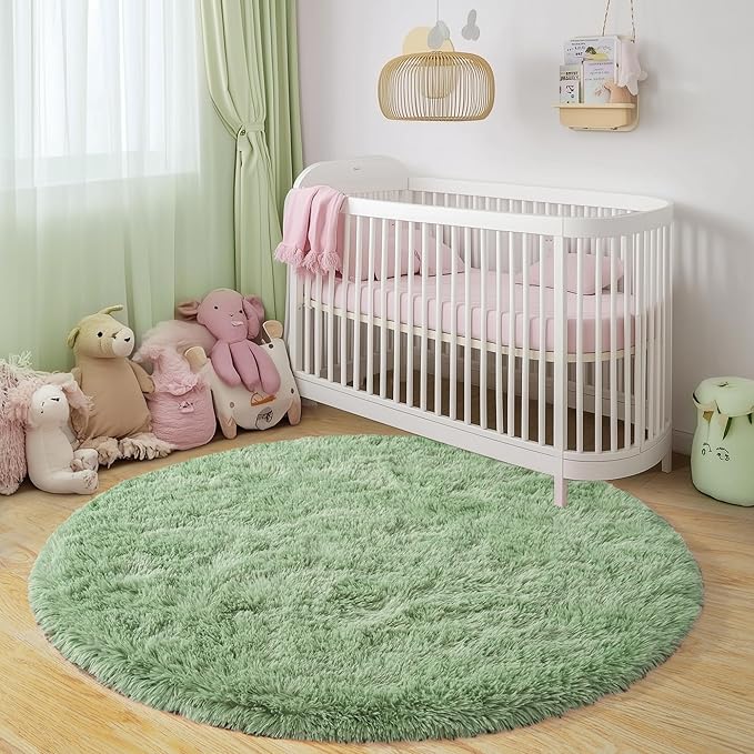 Round Fluffy for Bedroom Rugs, 5Ft Sage Green Shag Circle Rug Non-Slip for Kids Girls Boys Bedroom Dorm Nursery Playroom, Soft Cute Area Rugs for Living Room Decor