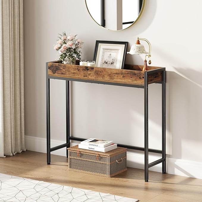 Narrow Console Table, 31.5" Entryway Table with Groove, Small Sofa Table for Hallway, Bedroom, Living Room, Foyer, Corridor, Office, Balcony, Rustic Brown