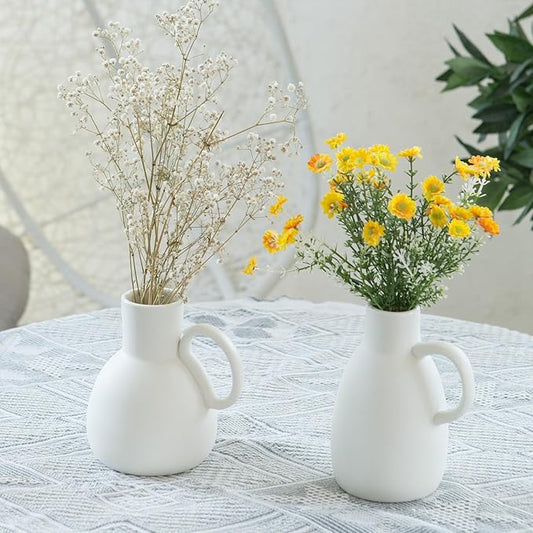 White Ceramic Vase Set - 2 Small Vases with Handle, Pottery Vases for Modern Home Decor, Minimalist Matte Pitcher for Fowers, Decorative Clay Vase Centerpiece Dining Table Decorations