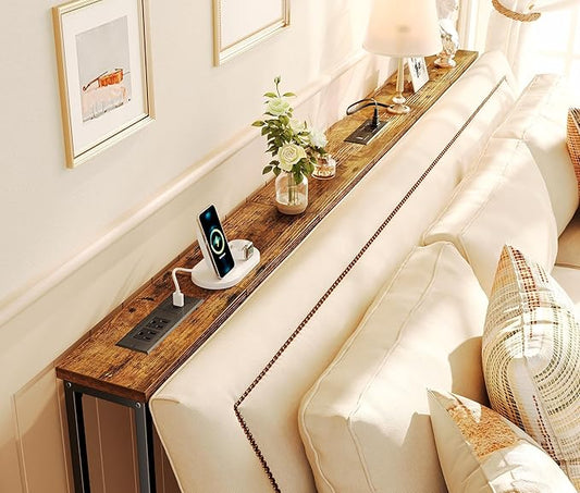 SUPERJARE 5.7 Inch Console Table with Outlet, Sofa Table, Behind Couch Table, 5.7 x 39.4 x 29.7 Inches, Metal Frame, for Living Room, Hallway, Rustic Brown