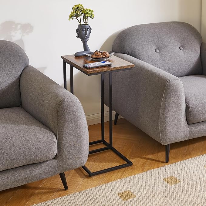 Side Table Small End Table C Shaped, Slide Under Laptop Desk for Couch, Living Room Side Table, TV Trays for Eating on Couch, Rustic Brown+Black YD-TM051HB-2