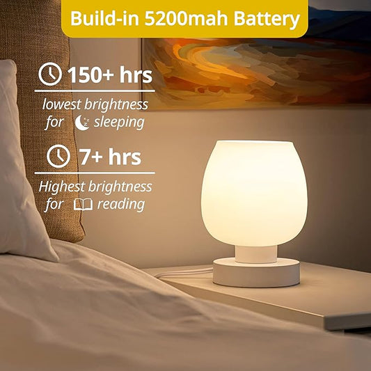 Cordless Bedside Lamp, Portable Rechargeable Table Lamps for Bedroom for Night Stands, Touch Stepless Dimmable Desk Lamp, Warm LED Bulb, Round Shape, 1 Set, White