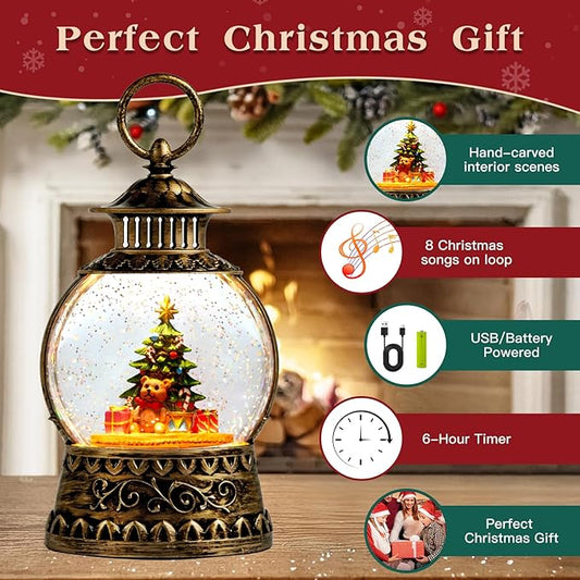 Christmas Snow Globe, Gift Bear Musical Snow Globe Lantern Lights with 6H Timer Battery & USB Powered, Retro Style Holiday Glitter Globe for Xmas Home Decoration Holiday Party Gifts