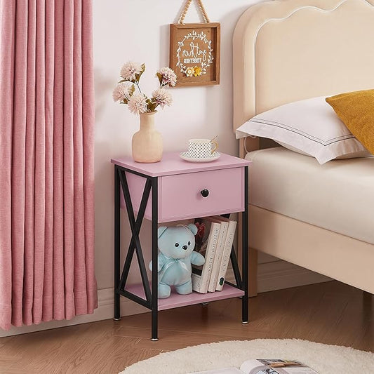 VECELO Nightstands Set of 2, Modern Bedside End Tables, Night Stands with Drawer and Storage Shelf for Living Room Bedroom, Industrial Metal Frame