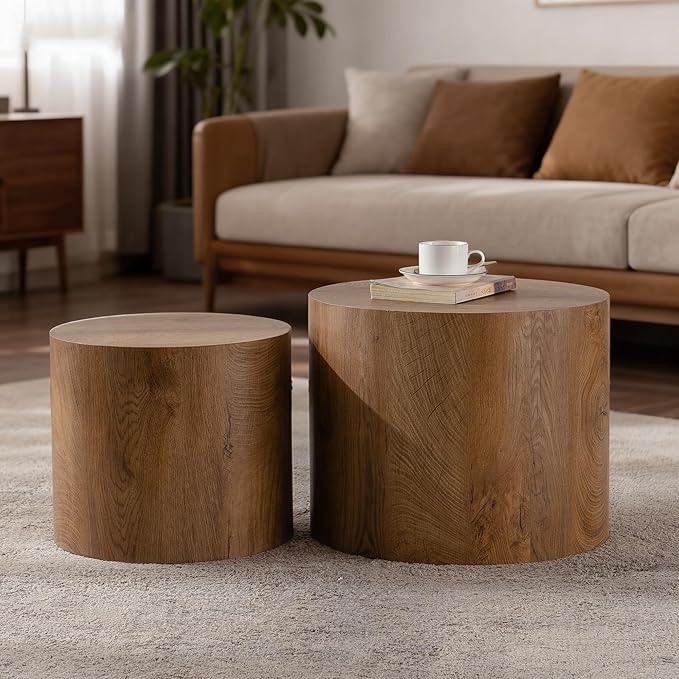 Nesting Round Coffee Table Set of 2, Small Circle Accent End Table for Small Spaces, Morden Drum Side Table, Wooden Center Table for Living Room, Fully Assembled - Light Walnut