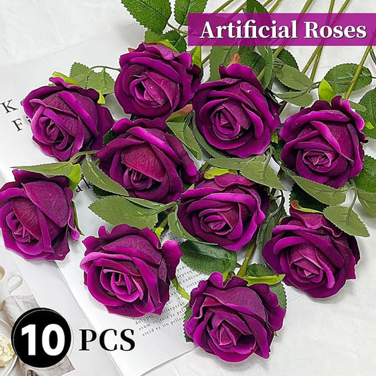 10 PCS Artificial Roses with Long Stems Silk Flowers Realistic Foam Flowers Fake Roses for Valentine's Day Home Wedding Halloween Decor(Rose Purple)