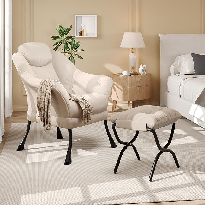 Living Room Chair Modern Accent Chair with Ottoman, Ergonomic Support, Foldable Footrest, Removable Washable Cover, Perfect for Bedroom and Living Room, Beige