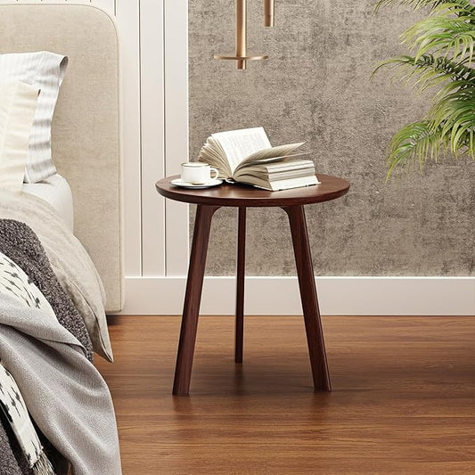 100% Solid Oak Round Side Table, Small Side Table for Small Spaces, 3-Legged Living Room End Tables Set of 2 with Stable Frame for Bedroom Couch Side Entryway, Walnut