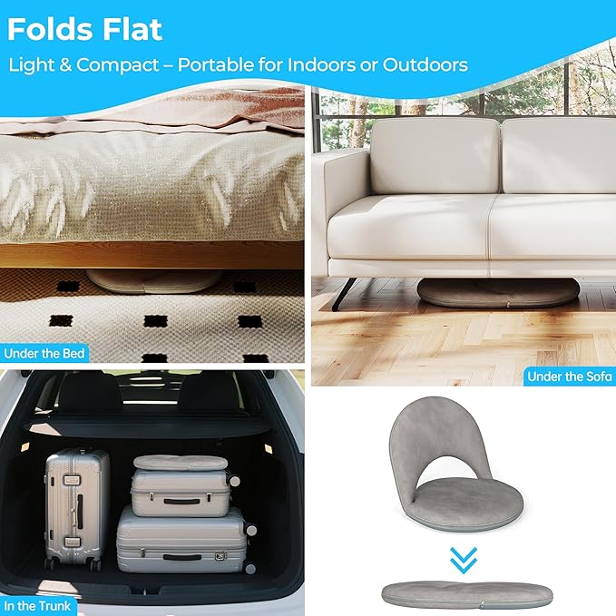 Floor Chair, 5-Position Foldable Floor Chair for Kids with Adjustable Back, Soft Sponge & Velvetean Cover, for Adults and Kids, Indoor Outdoor Use, Meditation, Gaming, Camping (Gray)