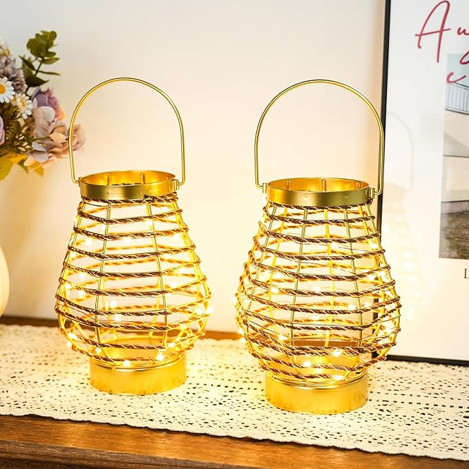 Set of 2 Metal Cordless Table Lamp 8 "H Metal Cage LED Cage Lamp with 6-Hour Timer, Vintage Decorative Fairy Lights Lantern for Indoor/Outdoor Bedrooms Weddings Parties Patio Events