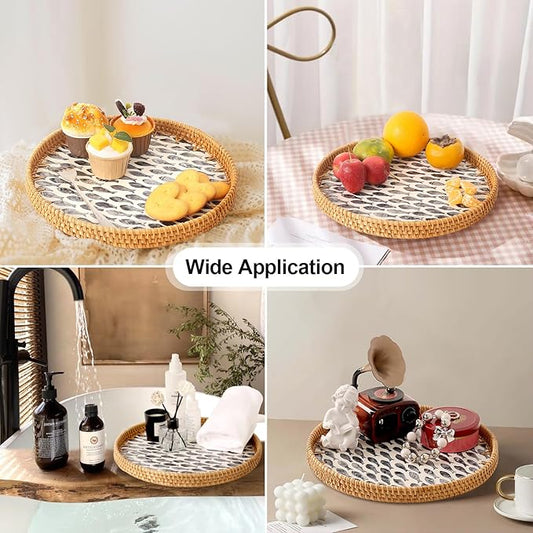 Round Rattan Tray with Mother of Pearl Inlay, Rattan Serving Tray for Coffee, Bread, Fruits, Decorative Wicker Tray for Table Decor, Home Decor, Kitchen Island Decor (Dark Blue Fish, 11.8")