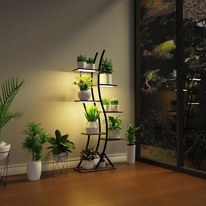 Indoor Plant Shelf Featuring Grow Lamp, 60.24" High 7-Tier Exhibition Unit, S-Curve Corner Design for Floral and Foliage Showcase in Living Area, Patio, Balcony Décor