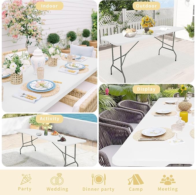 HAISIWLKJ Folding Table 8 FT Camping Table Portable Heavy Duty Plastic Rectangular Outdoor Dining Table Steel Legs Fold-in-Half with Carrying Handle for Indoor,Picnic,Party,Wedding,Events(White)