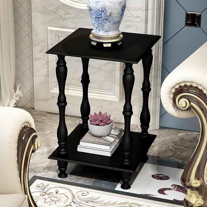 TaoHFE Square Black French Style End Side Table with Open Shelf Retro Vintage 2-Tier Bedside Table for Living Room Small Space
