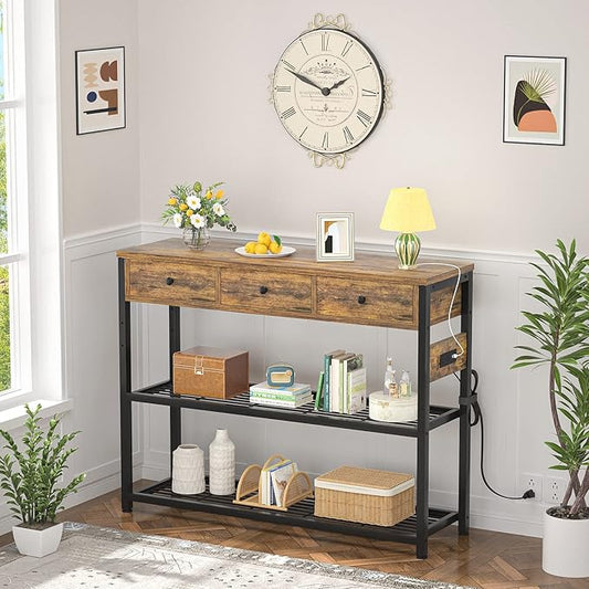 Ecoprsio 47'' Entryway Table with Outlets and USB Ports, Console Table with 3 Drawers, Sofa Table Narrow Long with Storage Shelves for Living Room, Couch, Hallway, Foyer, Kitchen Counter, Rustic Brown