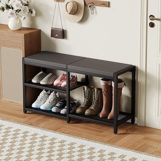 ZHOOGE Shoe Bench & Rack Storage Bench - Entryway Bench with Seat Cushion, Stable Organizer for Entryway & Living Room, Holds Up to 300 lb, (35" L x 12" W x 17" H, Black)