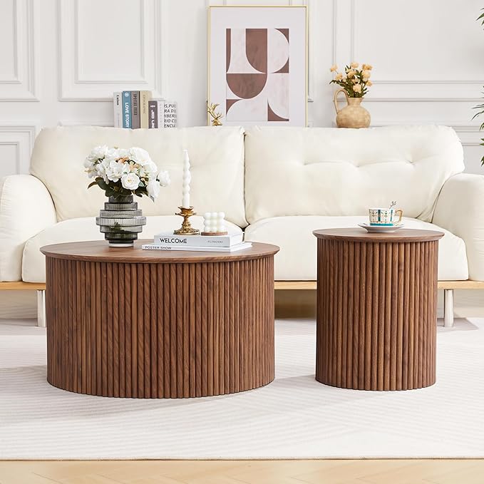 Fluted Round Nesting Coffee Table Set of 2, Mid Century Modern Wood Coffee Table and End Table Set, Minimalist Center Tables Circle Side Table for Living Room, Office(Walnut)