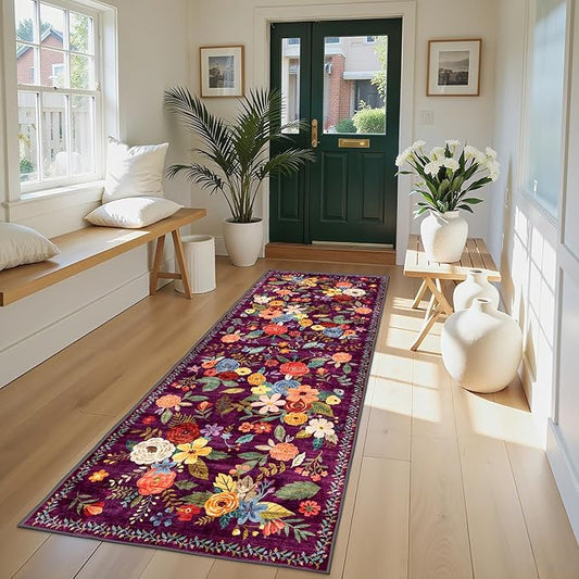 Rug for Hallways Kitchen Rug 2x8, Non Slip Washable Rugs with Rubber Backing Soft Floral Carpet Runner for Hallways, Kitchen, Laundry, Bedroom, Bathroom (2 x 8, Purple Lawn)