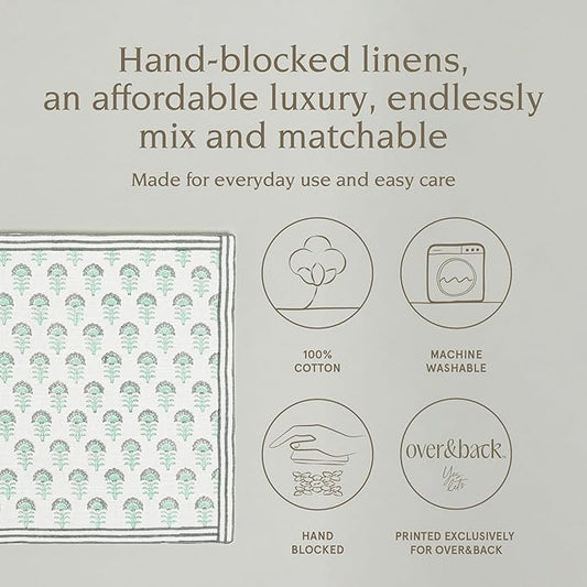 Over&Back Set of 4 Hand-Blocked Placemats - Colorful Dining Table Mat - Each Placemat is Unique - 100% Cotton - Machine Washable - Kitchen and Home Decor - Green Flower