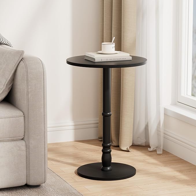 Round Side Table, Solid Wood Pillar, Large 15.7" Top, Small Accent Table for Living Room, Bedroom, Sofa, Entryway & Office, Easy Assembly, Black