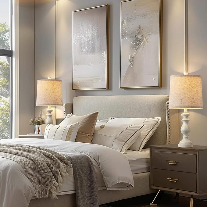 PARTPHONER Traditional Table Lamp Set of 2, Rustic Farmhouse Table Lamps for Living Room Bedroom, 22" Bedside Desk Lamps Vintage Nightstand Lamps with Linen Shades, Antique White