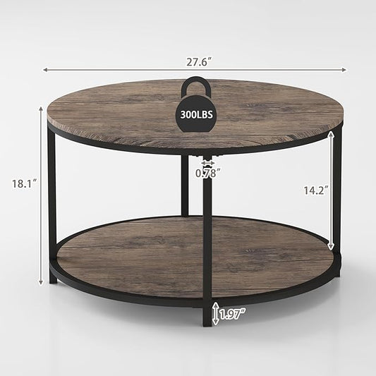 Round Coffee Table, Rustic Wooden Surface Top & Sturdy Metal Legs Industrial Sofa Table for Living Room Modern Design Home Furniture with Storage Open Shelf (Light Walnut, 28 in)
