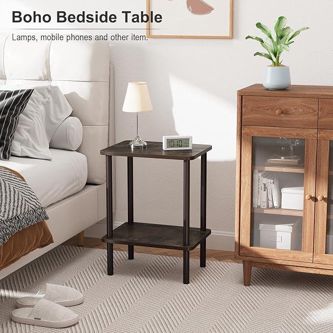 Apicizon 2 Tier End Table Set of 2, Small Side Table with Solid Wood Legs, Boho Bedside Table with Storage Shelf, Nightstand for Small Spaces, Bedroom, Living Room, Entryway, Rustic Oak