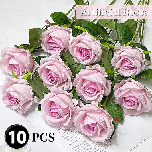 10 PCS Artificial Roses with Long Stems Silk Flowers Realistic Foam Flowers Fake Roses for Valentine's Day Home Wedding Halloween Decor(Light Pink)