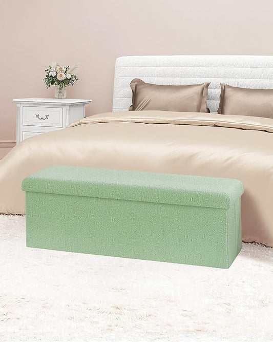 B FSOBEIIALEO Small Storage Ottoman Cube Sherpa Ottomans Foot Rest, Foldable Boucle Ottoman Bench, Faux Teddy Fur, Green 43.3"x15"x15"