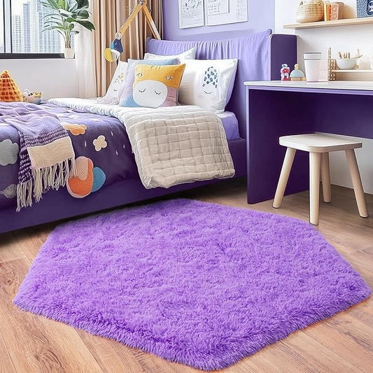 4x4.6 Feet Purple Hexagon Rugs for Bedroom, Ultra Soft Fluffy Hexagon Area Rug for Kids Room, Cute Shag Rugs for Boys Girls Room, Fuzzy Plush Carpet for Tent Castle Home Decor