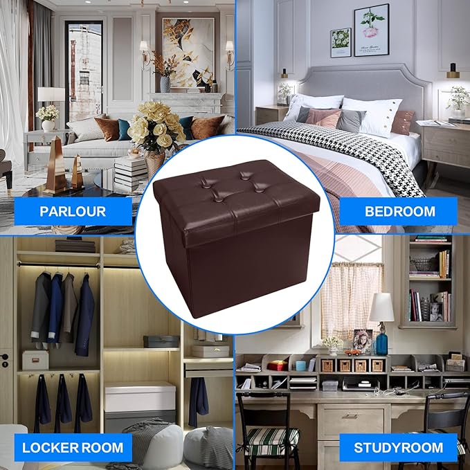 Storage Ottoman, Folding Foot Stool with Thicker Foam Padded Seat Small Leather Storage Ottoman Bench Foot Rest for Living Room Foldable Coffee Table 17x13x13in,Brown