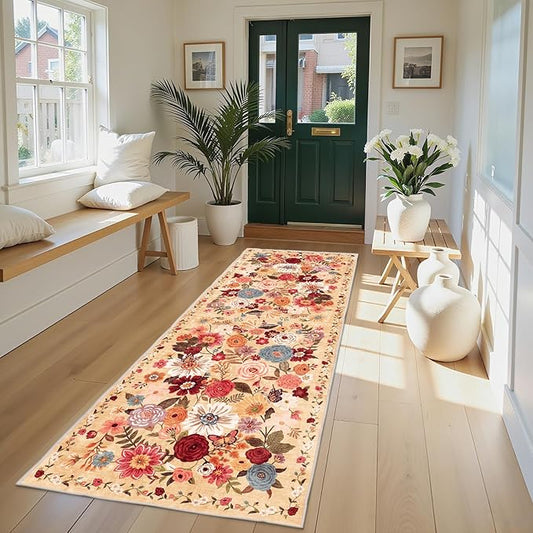 Rug for Hallways Kitchen Rug 2x8, Non Slip Washable Rugs with Rubber Backing Soft Floral Carpet Runner for Hallways, Kitchen, Laundry, Bedroom, Bathroom (2 x 8, Yellow Garden)