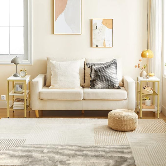 HOOBRO End Table with Charging Station and USB Ports, 3-Tier Nightstand with Adjustable Shelves, Small Side Table for Small Space in Living Room, Bedroom and Balcony, White and Gold DW112BZ01G1