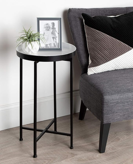 Kate and Laurel Celia Round Foldable Tray Accent Table, 14" x 14" x 25.75", White and Black, Modern Minimalist Design and Detachable Magnetic Tabletop