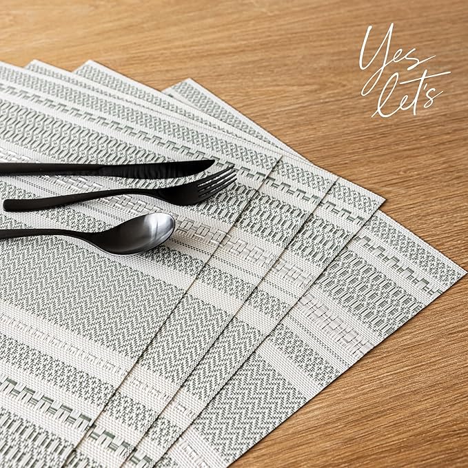 Over&Back Set of 4 Reversible Woven Placemats - Colorful Dining Room Table Mat - UVA/UVB-Proof Polypropylene - Indoor and Outdoor Kitchen and Home Decor - Striped - Green - Rectangle