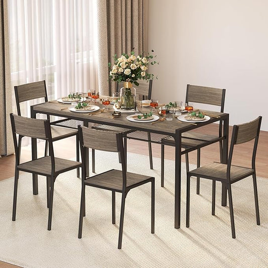 Gizoon Dining Table Set for 6 with Chairs, 7-Piece Kitchen Table Set for Small Space, Apartment, Kitchen, Dining Room, Space-Saving
