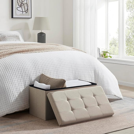 Ornavo Home 30 inch Folding Storage Ottoman with Large Storage, Foot Rest, Bedroom Bench - Beige