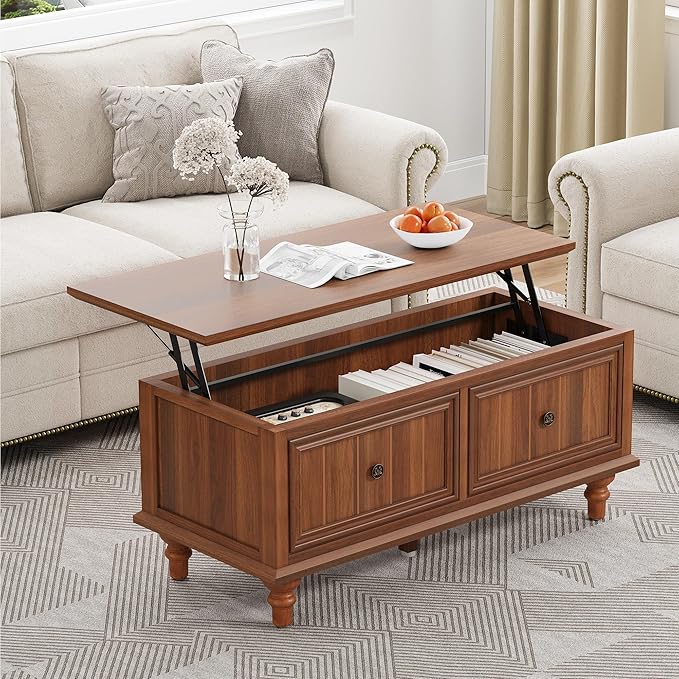 Lift Top Coffee Table for Hidden Compartment, 39" Wood Rectangular Center Table with Lift Tabletop, Sturdy Space-Saving Dining Table for Living Room Home Office Small Space (Walnut)