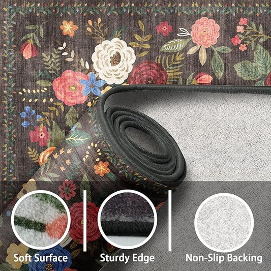 Black Area Rugs 9x12 Living Room Washable Rug Non Slip Floral Low Pile Large Rug for Living Room, Bedroom, Farmhouse, Dining Room, Kids Playroom(9 x 12, Black Lawn)