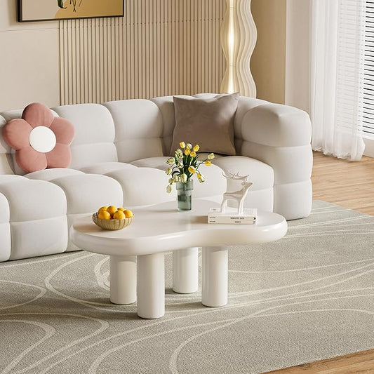 39.37" Cloud Coffee Table, Modern Coffee Table Small Coffee Table, 39.37 inch Wood Coffee Table Center Table, Cloud Shaped Accent Sofa Side Coffee Table for Living Room Apartment, Cream White